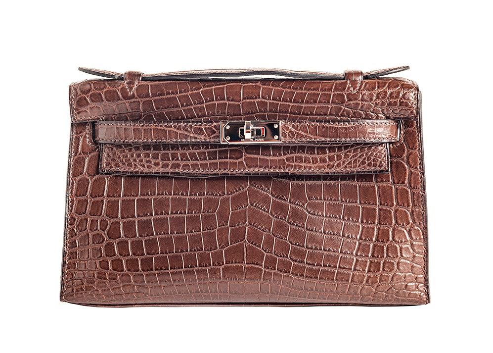 Hermès Kelly crocodile Niloticus matte pochette 21 Havane