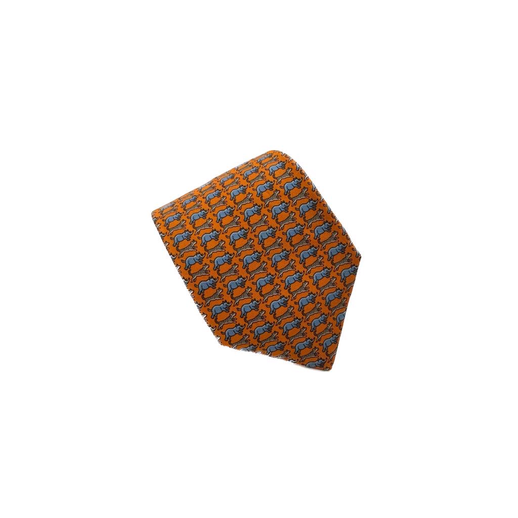 Cravatta vintage Hermès rinoceronti  base arancione 625688PA