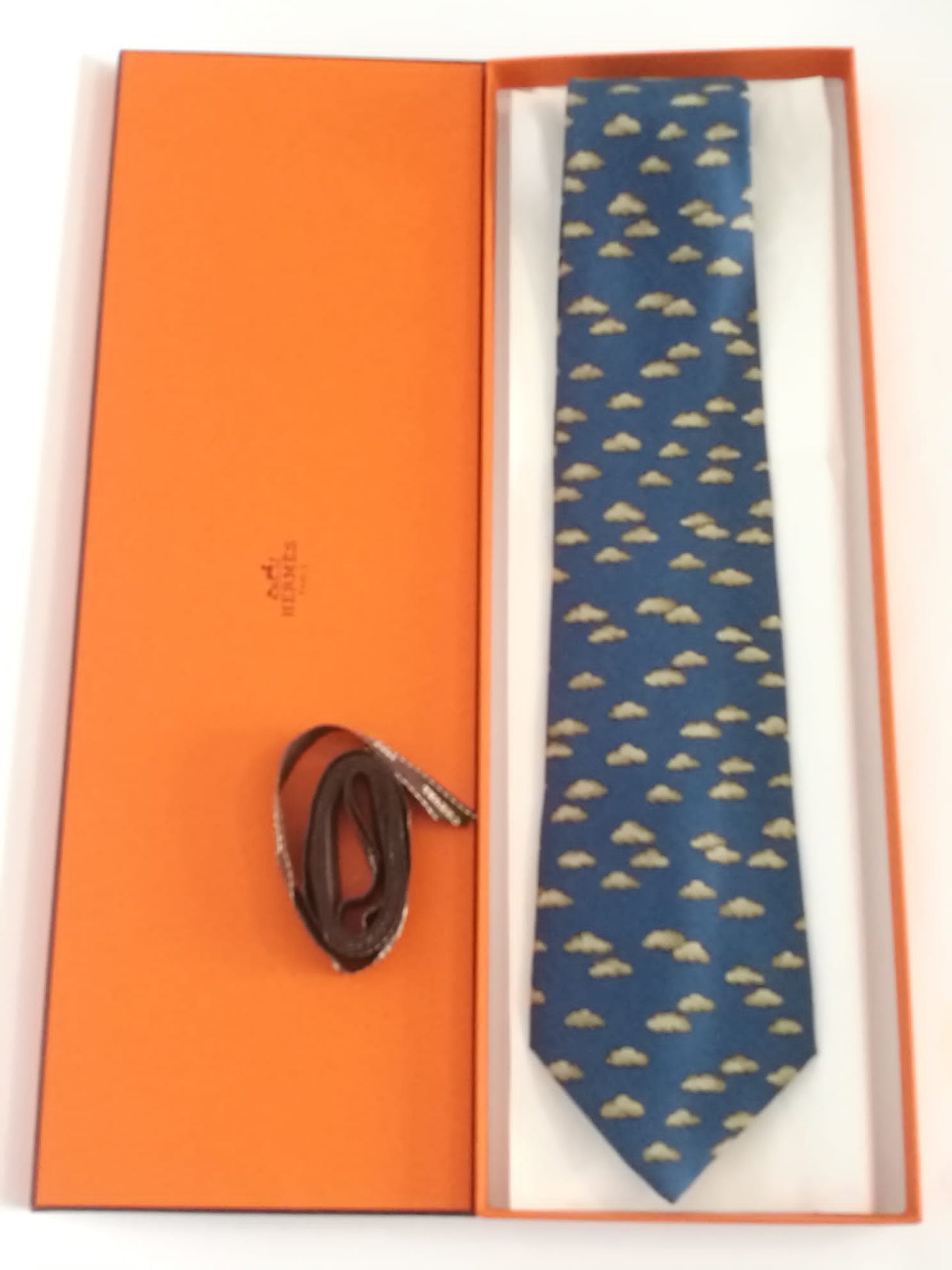 Cravatta Hermès con sfondo blu con nuvole grigie
